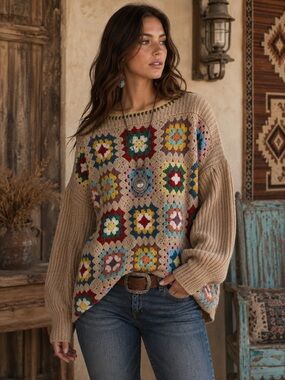 BlueVelvet Colorful Crochet Pattern Sweater Balloon Sleeves